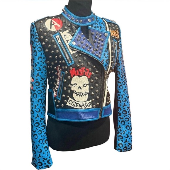 BY THE NANA Jackets & Blazers - BY THE NANA Studded‎ Leather Cropped Motorcycle Jacket Blue Leopard Print Size L